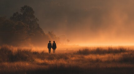 Silhouetted lovers standing in glowing sunset meadow with soft light romantic scene