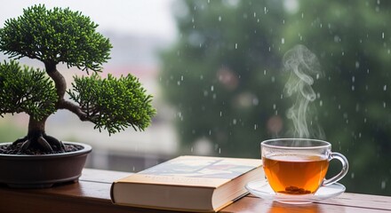 Steaming Cup of Tea Beside Book and Bonsai Tree on Rainy Day Window Sill