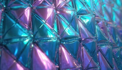 Shiny geometric triangles in blue and purple form abstract background. Iridescent surface gleams with light reflections. Futuristic tech pattern repeats in grid structure.