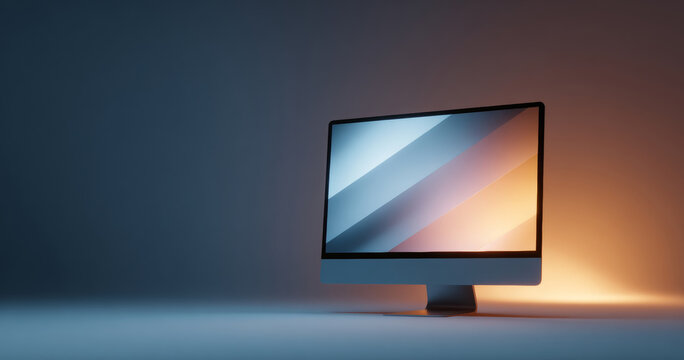Modern desktop computer with illuminated screen standing on surface against gradient background with warm and cool lighting