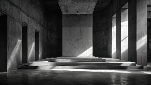 Dark Brutalist Interior with Geometric Concrete Structure and Light Rays architecture brutalism