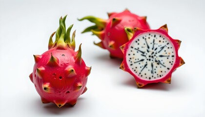 Obraz premium A close up view of two dragon fruit halves against a light background. Each half showcases its distinctive spiky exterior in shades of pink and green, with multiple points protruding from the surface