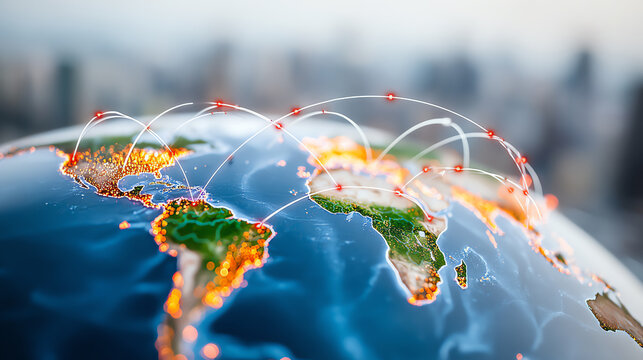 A close-up view of the globe featuring interconnected continents and digital connections symbolizing global transportation networks.