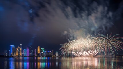 Vibrant fireworks illuminate a modern city skyline at night reflecting on calm river water