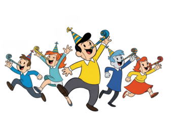 Cartoon group of happy people celebrating with party hats isolated on transparent background