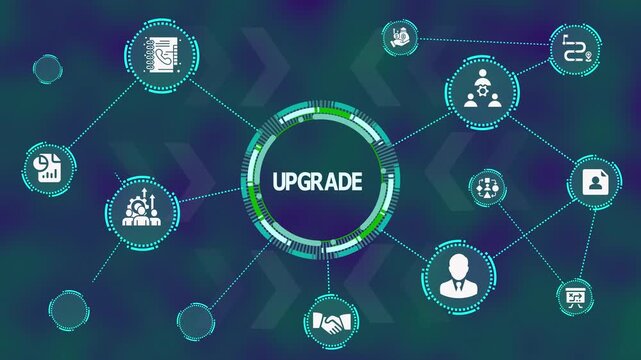 System Upgrade Network Dashboard. Technology Improvement, Workflow Enhancement, Performance Optimization Process, and Digital Innovation Strategy Visualization.