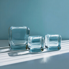 Three clear ice cubes of varying sizes arranged on a textured surface with soft shadows