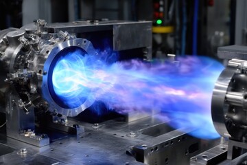 Engine test in laboratory demonstrates advanced propulsion technology with blue flames