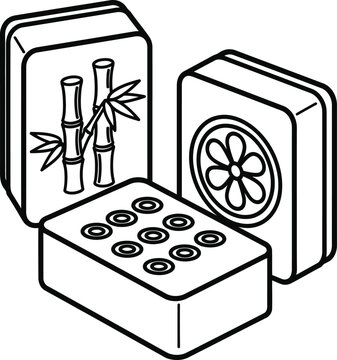 Outline mahjong tiles with bamboo flower and circles for game design art eps silhouette