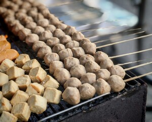street grill assortment, skewered sausage ,tofu and meatballs