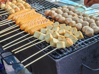street grill assortment, skewered sausage ,tofu and meatballs