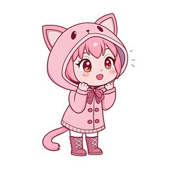 Cute anime girl in pink cat costume isolated on transparent background