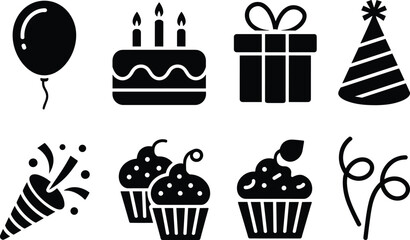 Birthday celebration black silhouette vector illustration with cake, balloon, cupcake, gift box, party hat, and festive decoration elements