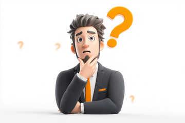 3D cartoon businessman in suit looks puzzled, with questioning expression and hand on his chin. background features floating question marks, conveying curiosity and uncertainty