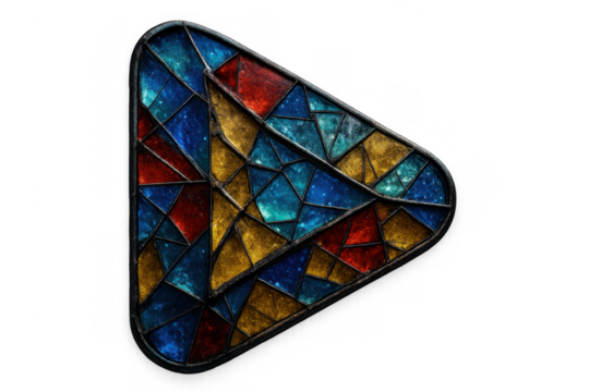 Stained glass media player button symbol on transparent background, representing entertainment and technology