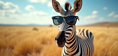 Fototapeta premium Zebra wears sunglasses in field with horizon. Animal amusing expression. Mammal stands in savanna. Humorous wildlife moment adds charm. Funny zebra portrait, fashionable animal, playful wildlife