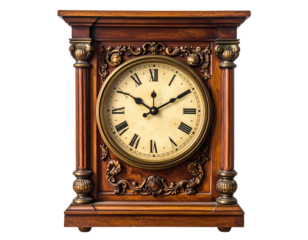 Antique wooden mantel clock with Roman numerals, ornate carvings, and elegant gold accents
