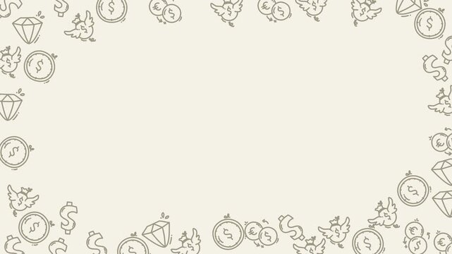Hand-drawn doodle border with money, diamonds, and bird icons on a light beige background, forming an oval frame for text.