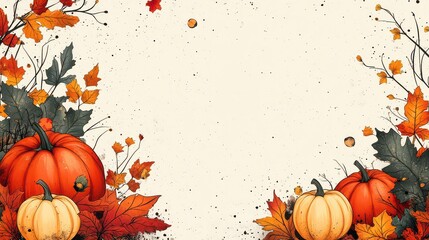 Autumn harvest background with pumpkins and leaves.