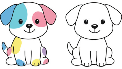 Cute Cartoon Puppy with Colorful Patches - Adorable Coloring Page for Kids and Pet Lovers