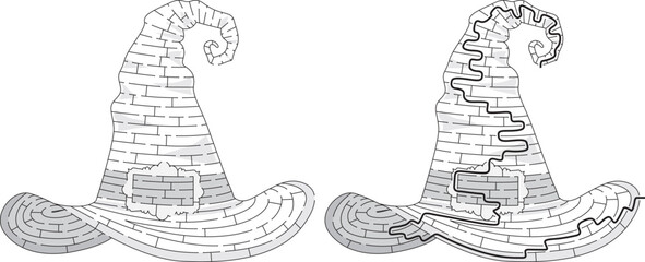 Witch hat maze for kids with a solution in black and white