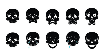 Black Skull Emoticons Vector Set Funny Skeleton Faces Stickers Collection