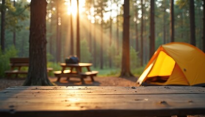 Yellow tent and picnic table in sunlit forest campsite. Wooden benches nearby. Nature scenery with tall trees and green foliage. Peaceful outdoor recreation spot.