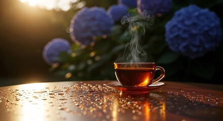 Steaming Cup of Tea on Wet Table with Hydrangeas and Golden Sunlight