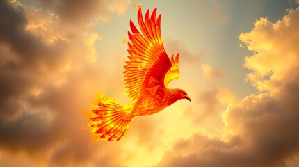 A fiery bird soaring gracefully through a cloudy sky, representing rebirth and transformation