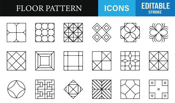 Thin-line tile pattern symbols including squares, mosaics, and ornamental shapes