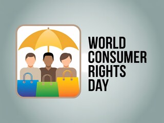 World consumer rights day illustration showing diverse people protected under an umbrella with shopping bags