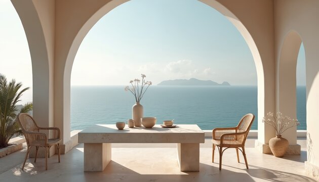 Minimalist table and wicker chairs on sunny terrace with calm ocean view. White vases with flowers, bowls on stone surface. Archway frames sea horizon, distant island.