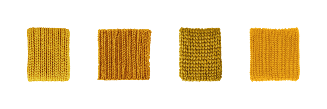 Knitted Fabric Swatches In Yellow Tones Set. Textile Design And Color Variation Collection Isolated On Transparent Background
