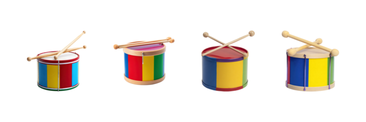 Colorful Toy Drums With Drumsticks Set. Children'S Musical Instrument Collection Isolated On Transparent Background