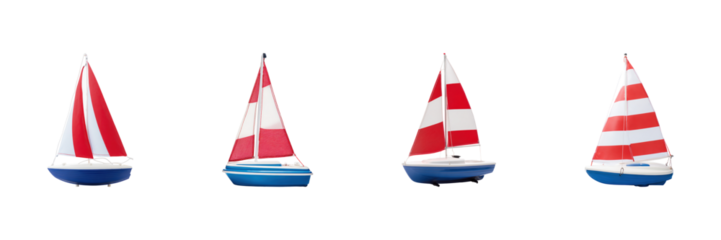 Sailboat Models With Red And Sails Set. Nautical Decor And Hobby Collection Isolated On Transparent Background