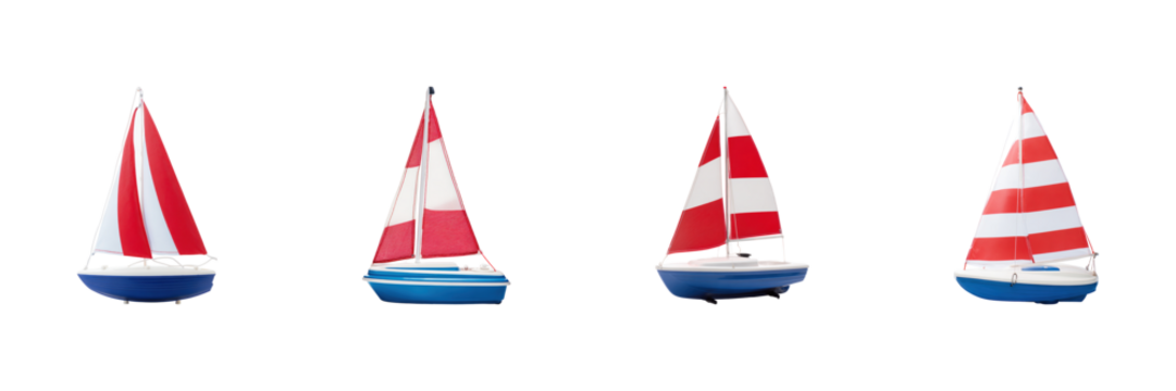 Sailboat Models With Red And Sails Set. Nautical Decor And Hobby Collection Isolated On Transparent Background