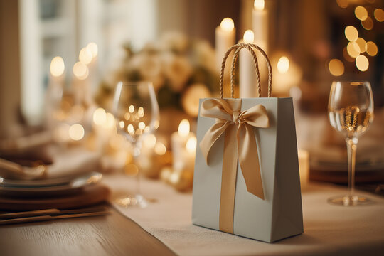 優雅なリボンのギフトバッグが彩る、キャンドル輝くホリデーディナーの一幕 - Powered by Adobe