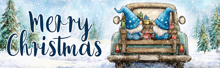 Fun quirky banner of two christmas gnomes in the back of a truck, great for websites, social media, greetings cards, 