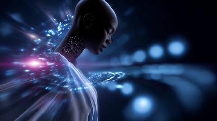 Abstract faceless figure surrounded by softly blurred data holograms produced by a generative AI engine, with copy space.