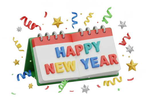 Happy new year calendar with festive confetti and streamers isolated on transparent background - Powered by Adobe