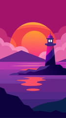 Lighthouse landscape with sunset and mountain scenery