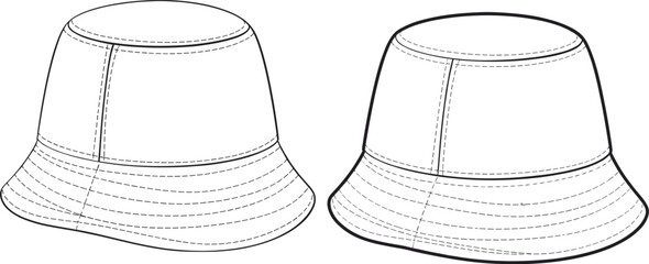 cad drawing flat vector illustration, bucket hat technical sketch, fashion design template, sewing pattern, apparel construction, headwear blueprint