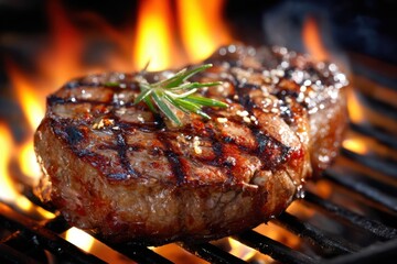 Juicy steak grilling over open flames with aromatic herbs in a backyard cookout