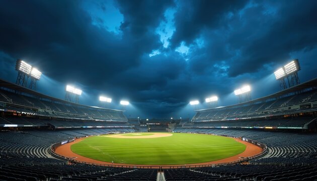 Empty baseball stadium at night under cloudy sky. Bright floodlights illuminate green field and empty seats. Dramatic atmosphere for a sport game or match.