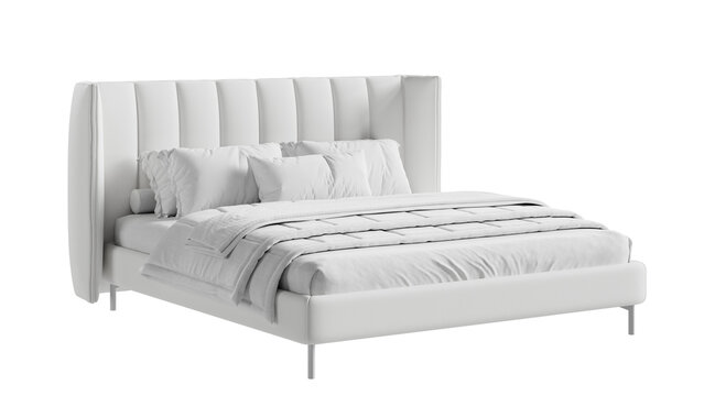 White bed with white bedding on an isolated background. Furniture for collages, graphics designs, and presentations.