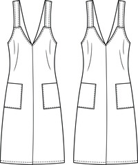 cad drawing flat vector illustration, sleeveless dress sketch, fashion design template, sewing pattern, garment construction, apparel blueprint, front back view