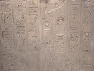Ancient Script Etched in Stone: Close-up of intricately carved hieroglyphs on ancient stone, revealing the cultural richness of the past and preserving its unique written legacy.
