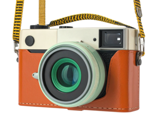 A vintage-inspired digital camera, with a colored lens and strap against a solid background