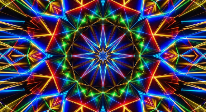 abstract symmetrical kaleidoscope pattern of colorful glass light reflections 