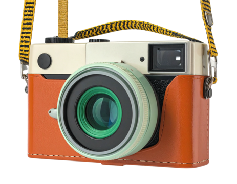 A vintage-inspired digital camera, with a colored lens and strap against a solid background
